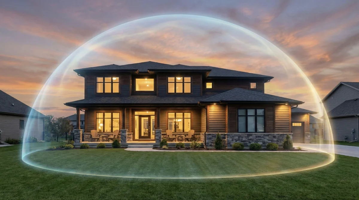 Modern home exterior with protective shield overlay representing homeowners insurance coverage