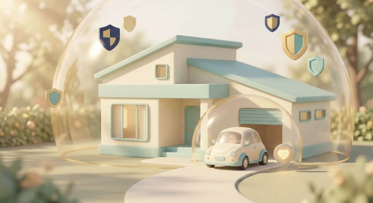 Person reviewing insurance documents with protective shield icon overlay representing financial security