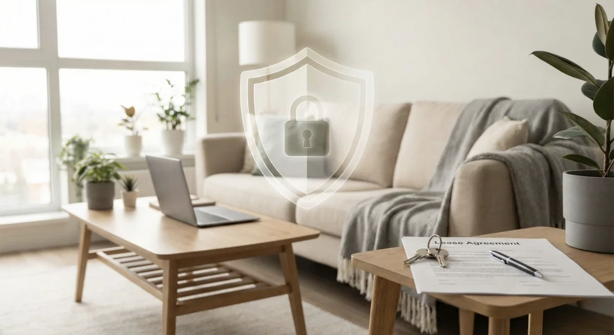 Young renter reviewing insurance policy documents in apartment with protected belongings visible