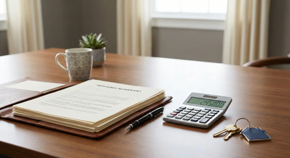 Homebuyer reviewing closing cost documents with calculator and house keys on table