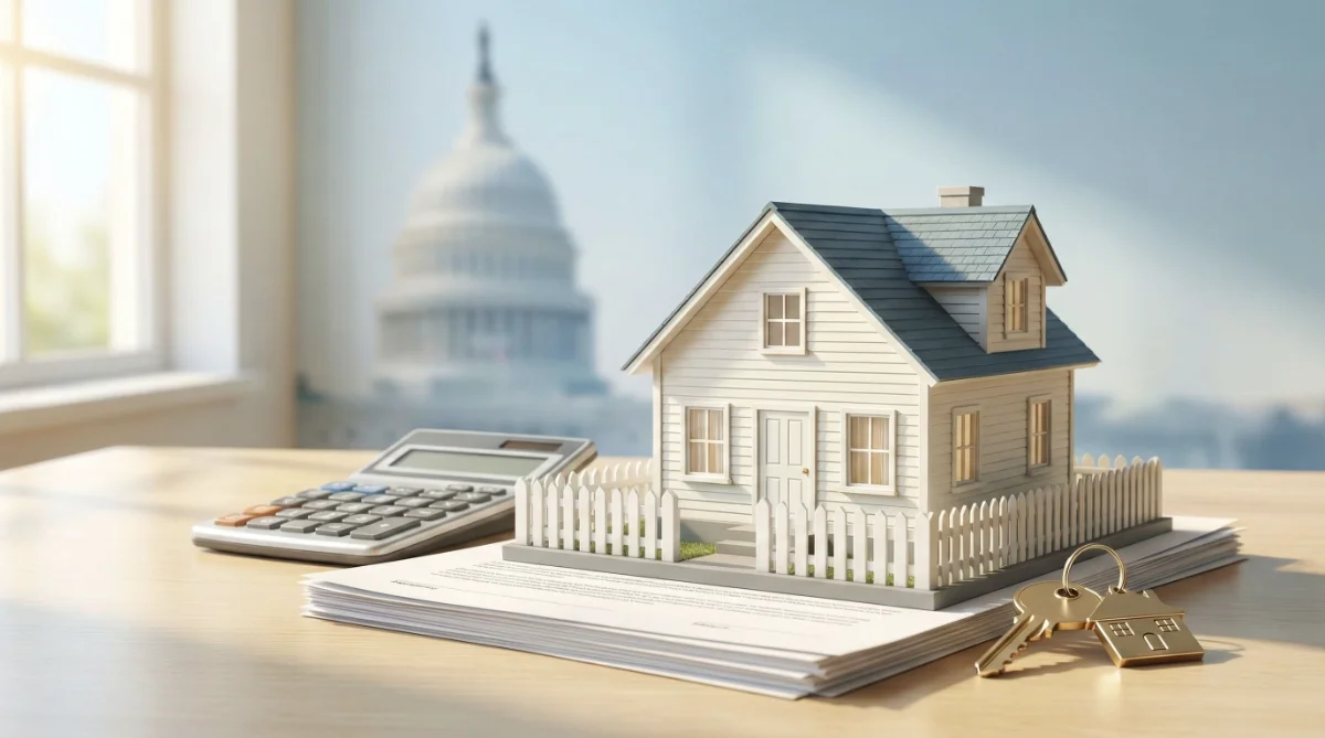 First-time homebuyer reviewing FHA loan documents with house keys and upward chart showing homeownership progress